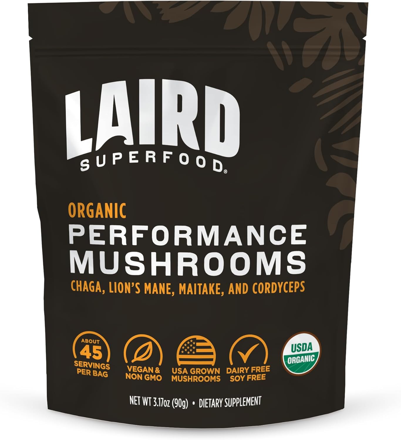 Laird Superfood organic performance mushroom blend powder front pack 90g on white background