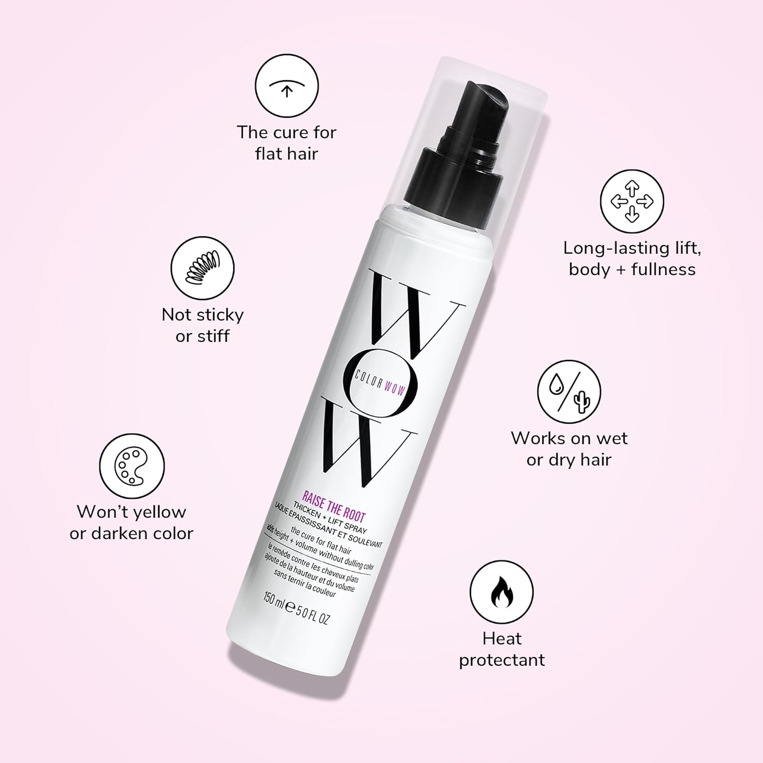 Hair product bottle with features listed on a pink background