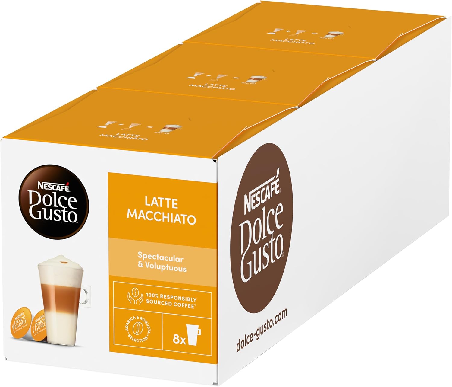 Front: NESCAFÉ Dolce Gusto Latte Macchiato Coffee Pods box, 24 servings.