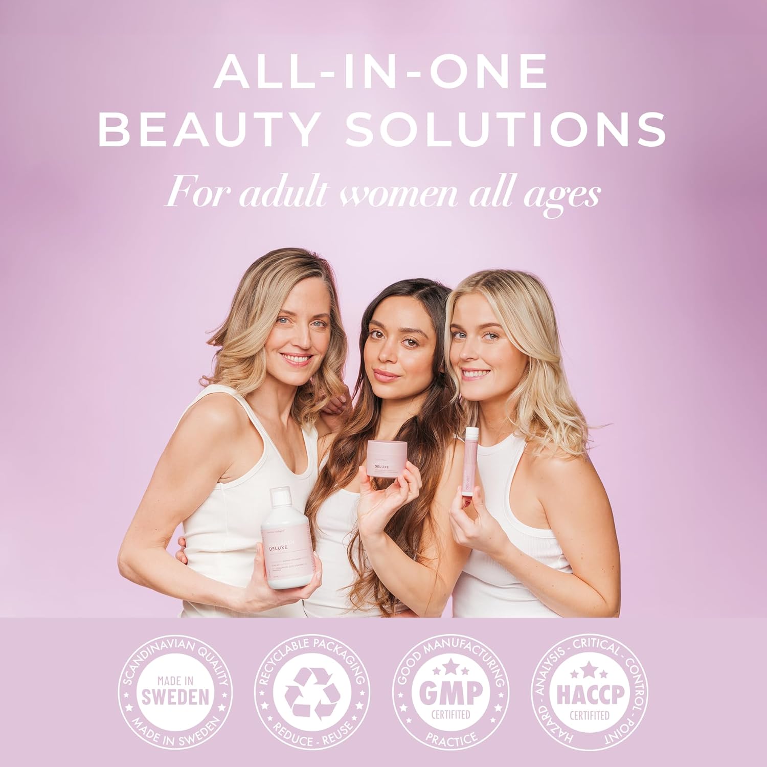 Three women holding beauty products with 'All-in-One Beauty Solutions' text on a pink background