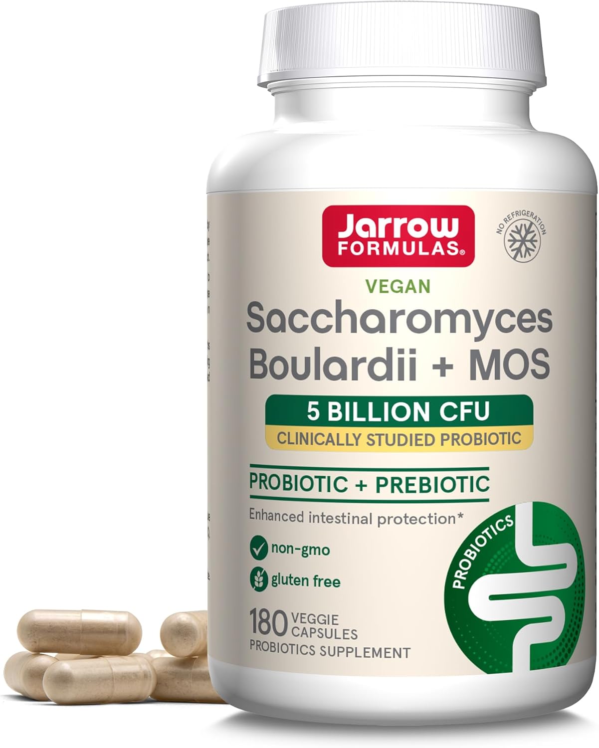 Front Image: Jarrow Formulas Saccharomyces Boulardii MOS probiotic capsules bottle 180 count 5 billion CFU