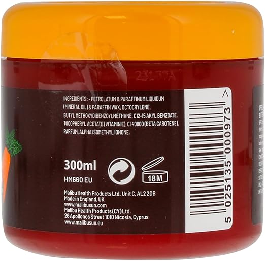 Malibu SPF6 Bronzing Butter with Carotene – 300ml | Deep Hydration & Enhanced Tanning for a Sun-Kissed Glow, ingredients & barcode