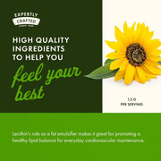 Advertisement with a sunflower and text about high-quality ingredients and lecithin benefits on a green and white background.