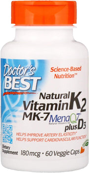 Doctor's Best Natural Vitamin K2 MK-7 with MenaQ7 plus Vitamin D3, 180 mcg, 60 Veggie Caps