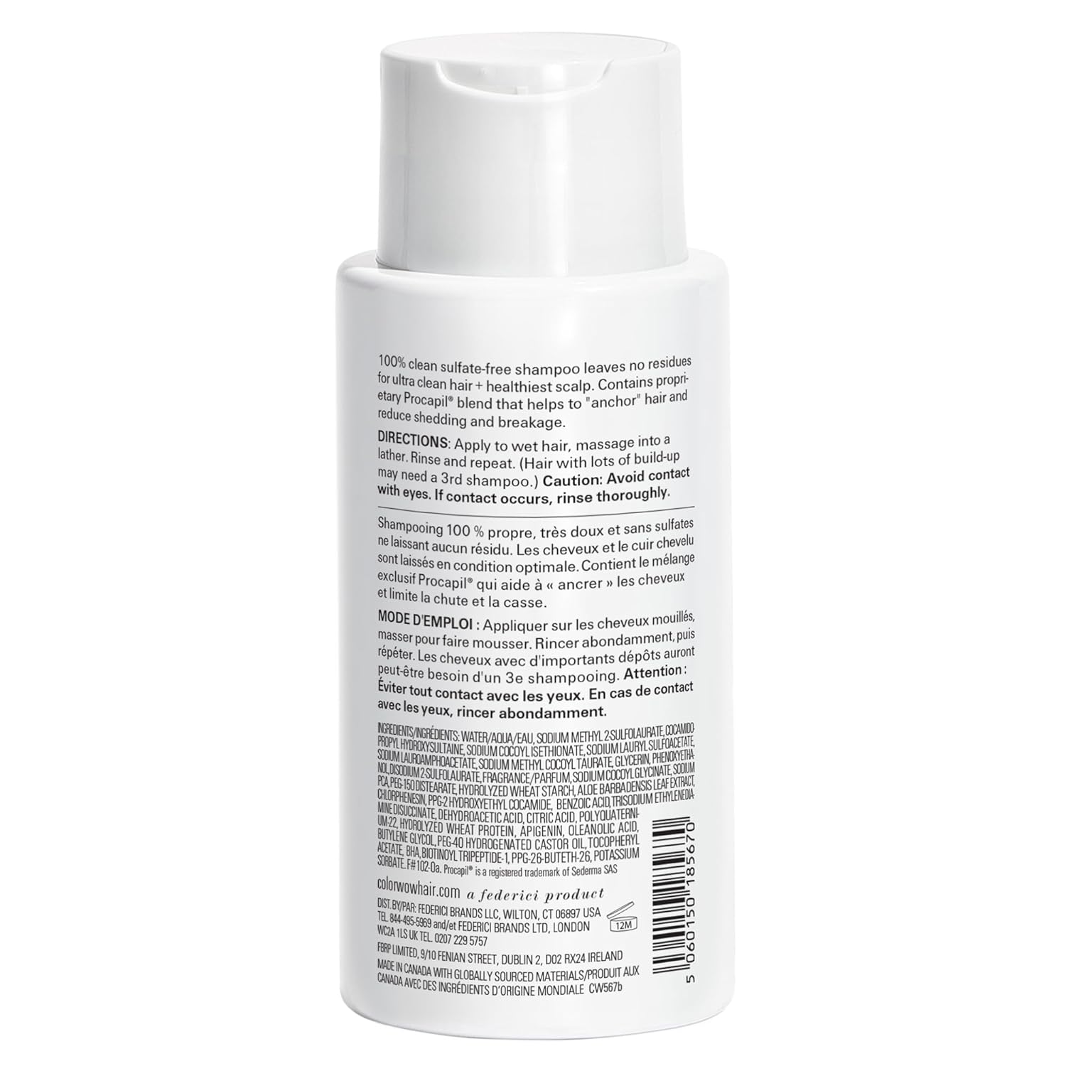 Back label of Color Wow Hooked Shampoo showing ingredients, barcode  and usage instructions.