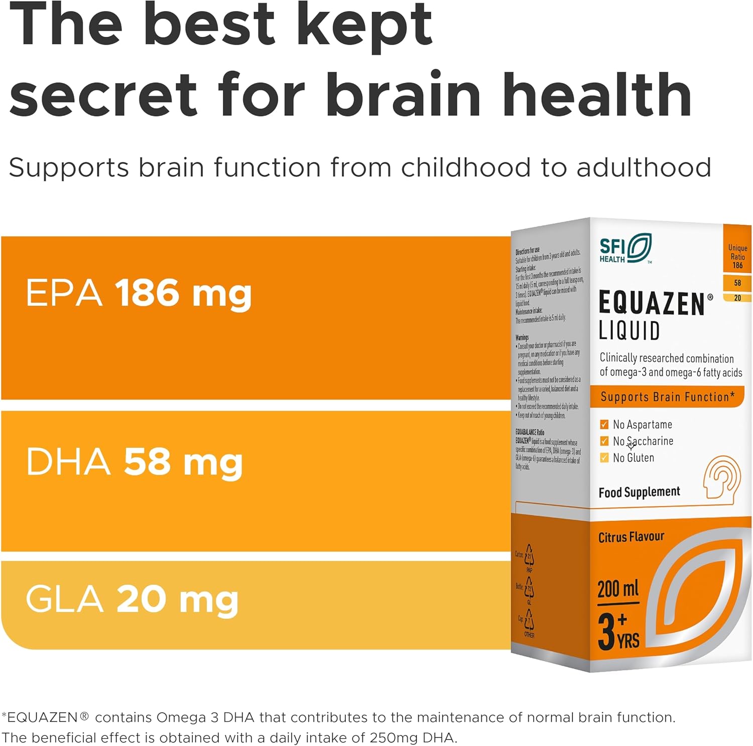 Equazen Liquid supplement box with nutritional information on an orange background