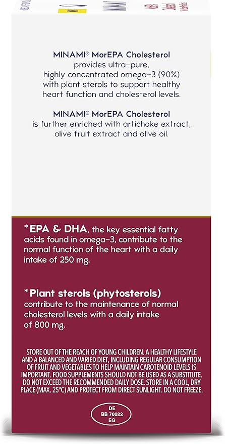 Supplement facts label for Minami MorEPA showing plant sterols, EPA, and botanical extracts.