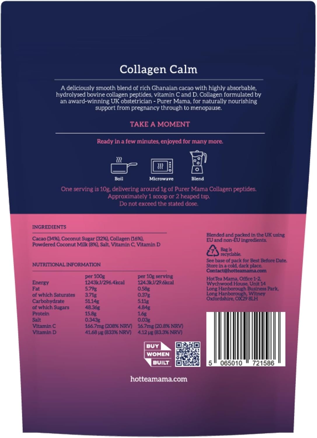Supplement Facts Image: Hottea Mama collagen cacao barcode, ingredients vitamins 200g packaging