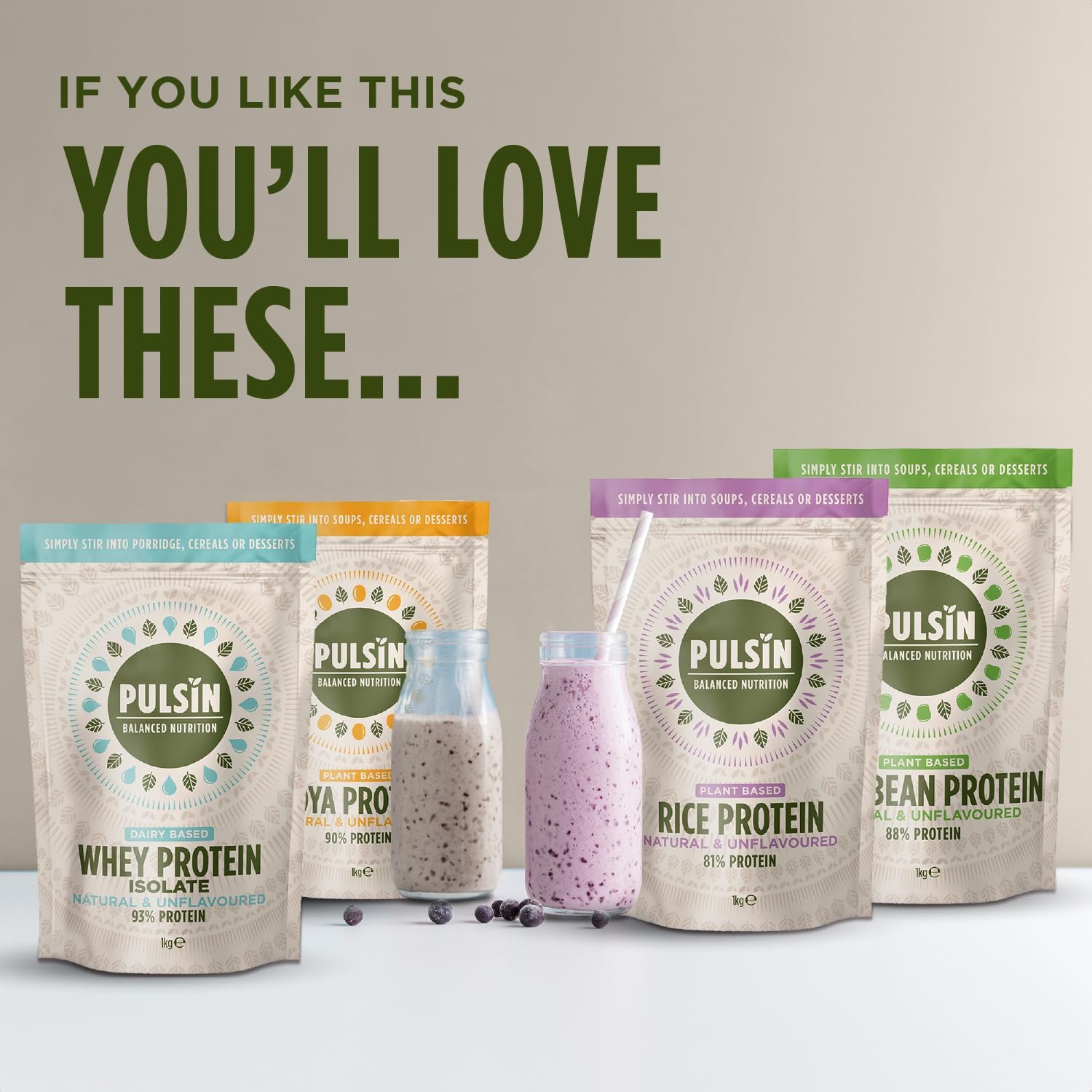 Pulsin Unflavoured Vegan Rice Protein Powder variants.