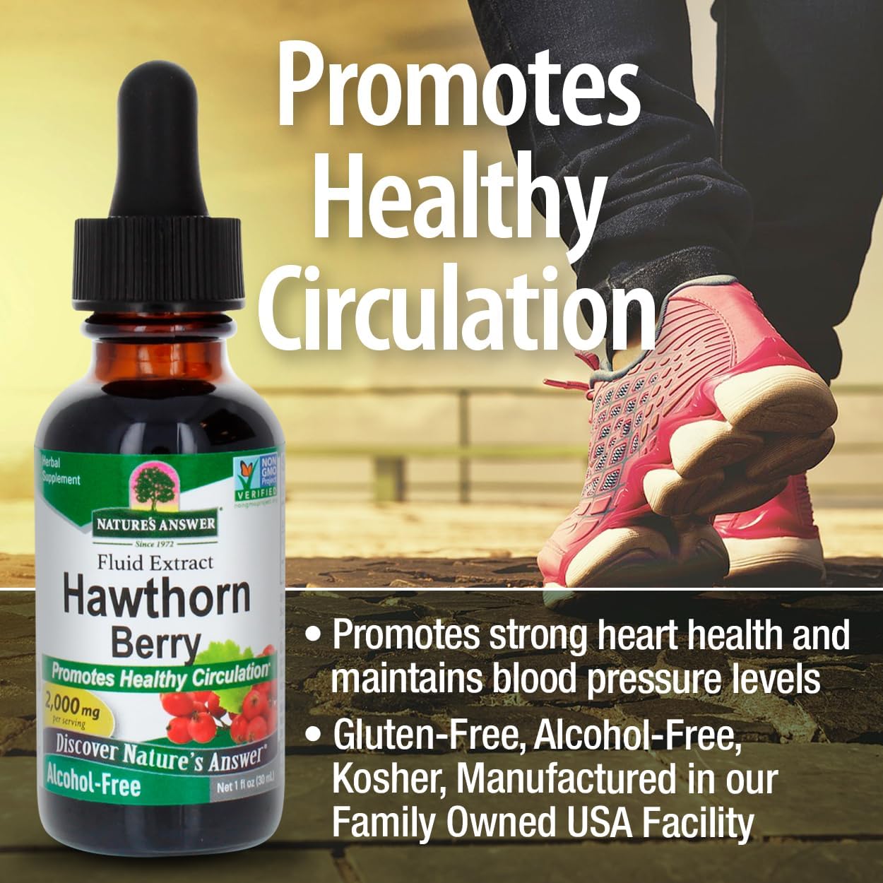 Bottle of Nature's Answer Hawthorn Berry extract with text about promoting healthy circulation and heart health.