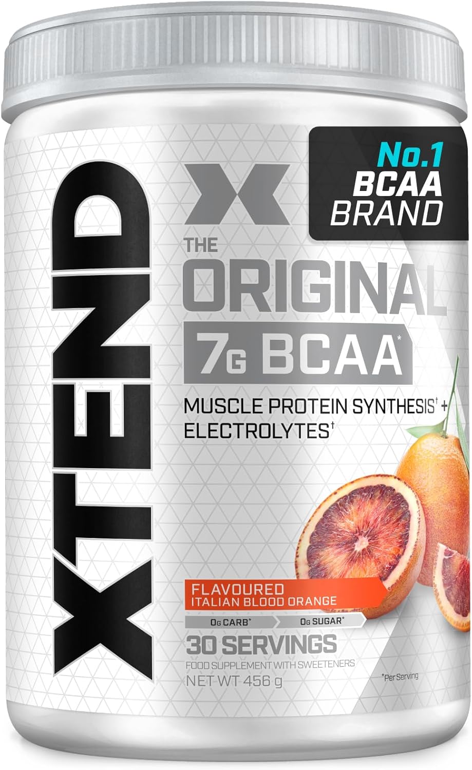 Front image: XTEND Original BCAA Powder Italian Blood Orange tub powder 456g 30 servings