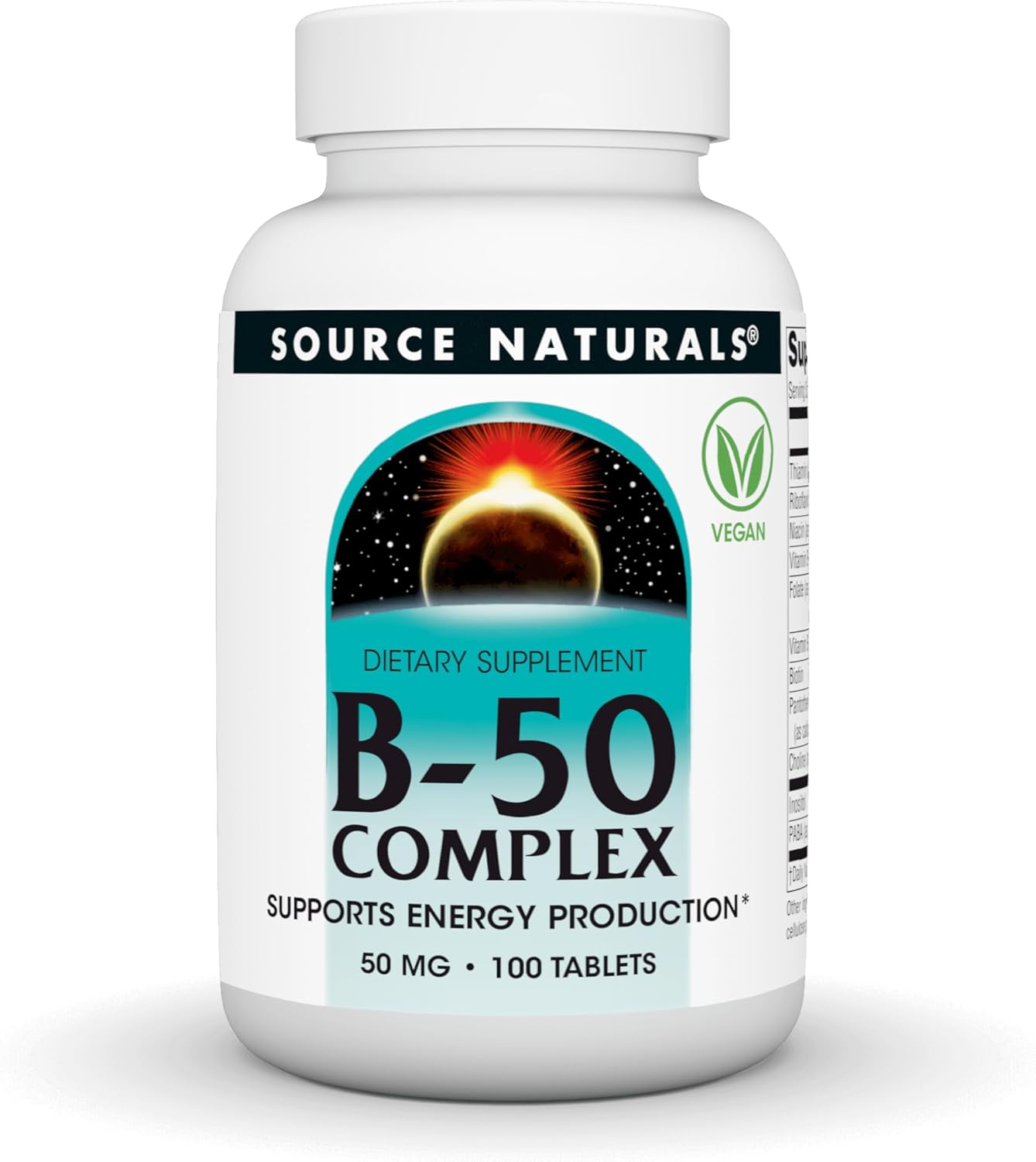 Front image: Source Naturals B-50 Complex 50mg tablets bottle 100 count