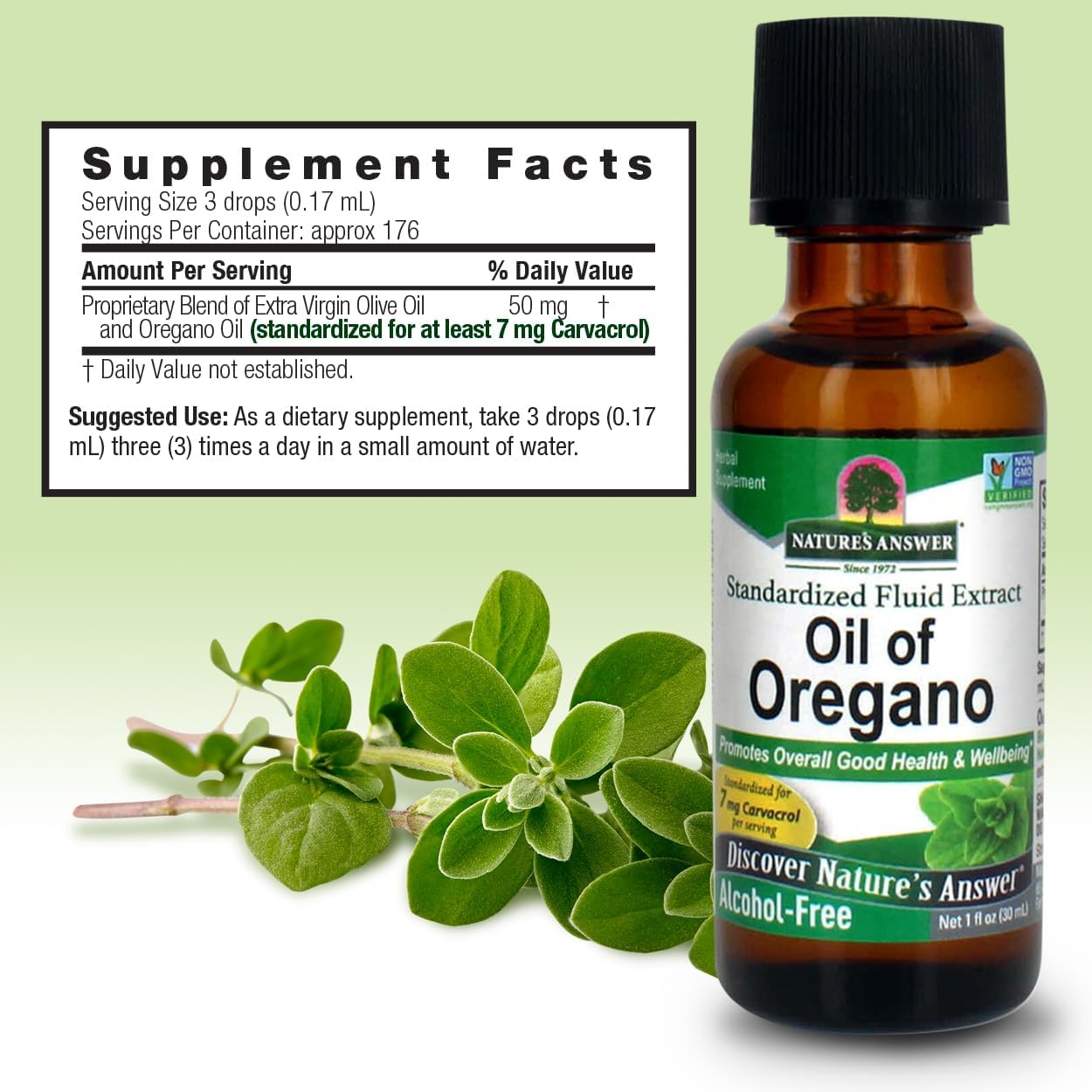 Bottle of Oil of Oregano supplement with green leaves on a light green background