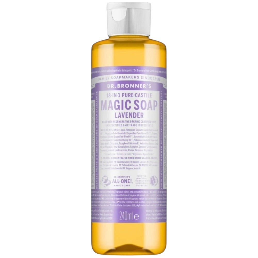 Dr. Bronner's Lavender Pure-Castile Liquid Soap bottle, lavender scent, 240ml