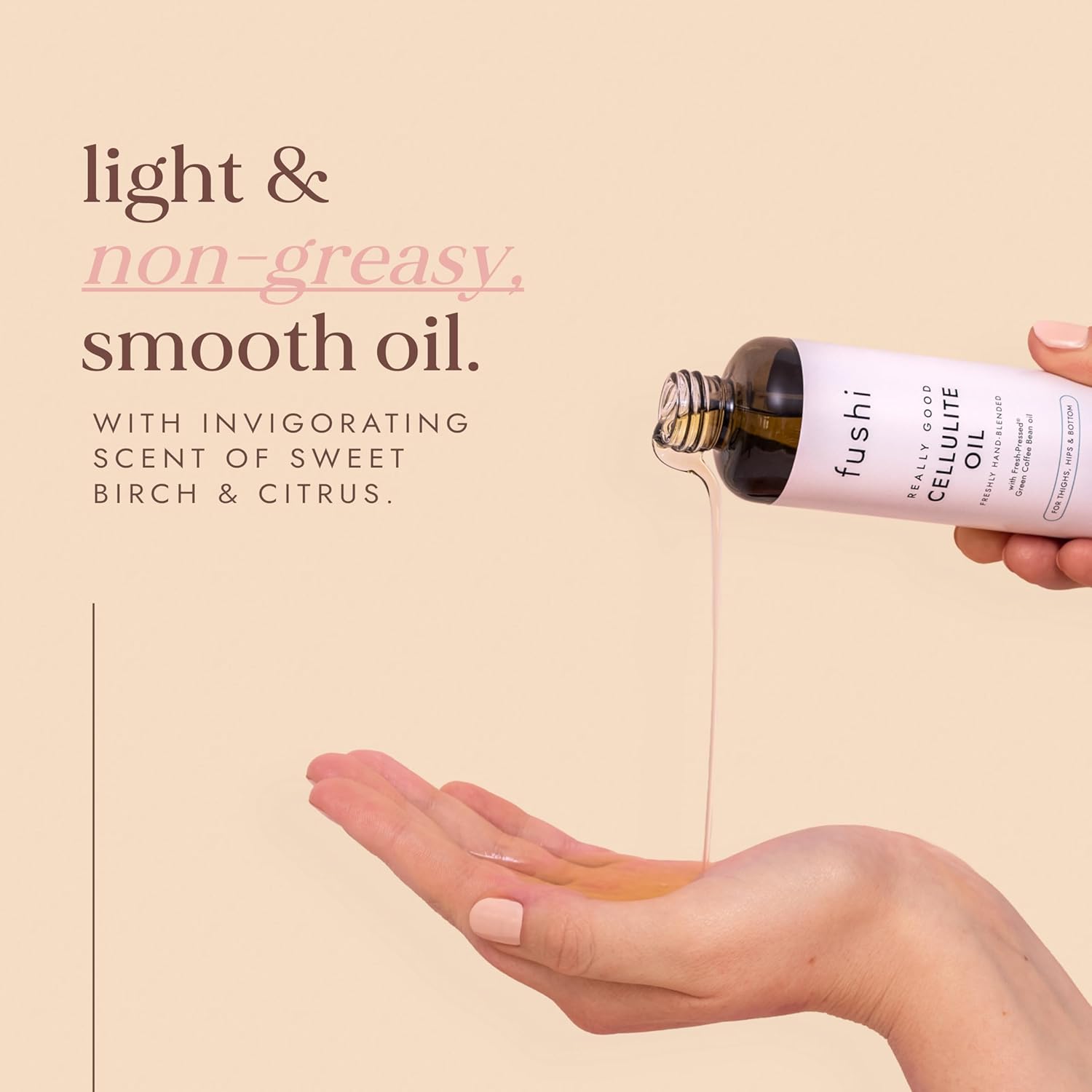 Fushi body oil being poured onto a hand with text about the product on a beige background
