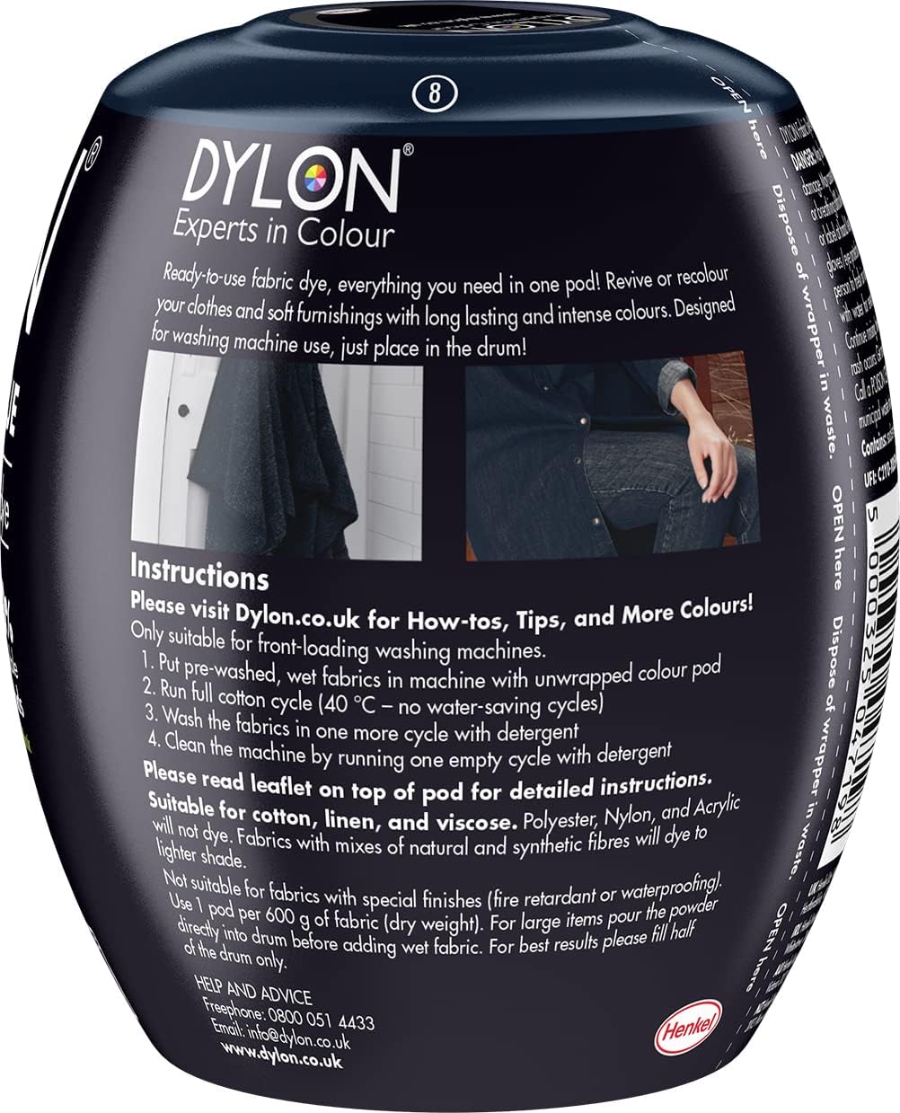 Dylon All-in-1 Fabric Dye Pod Navy Blue 350g ingredient and safety information and barcode