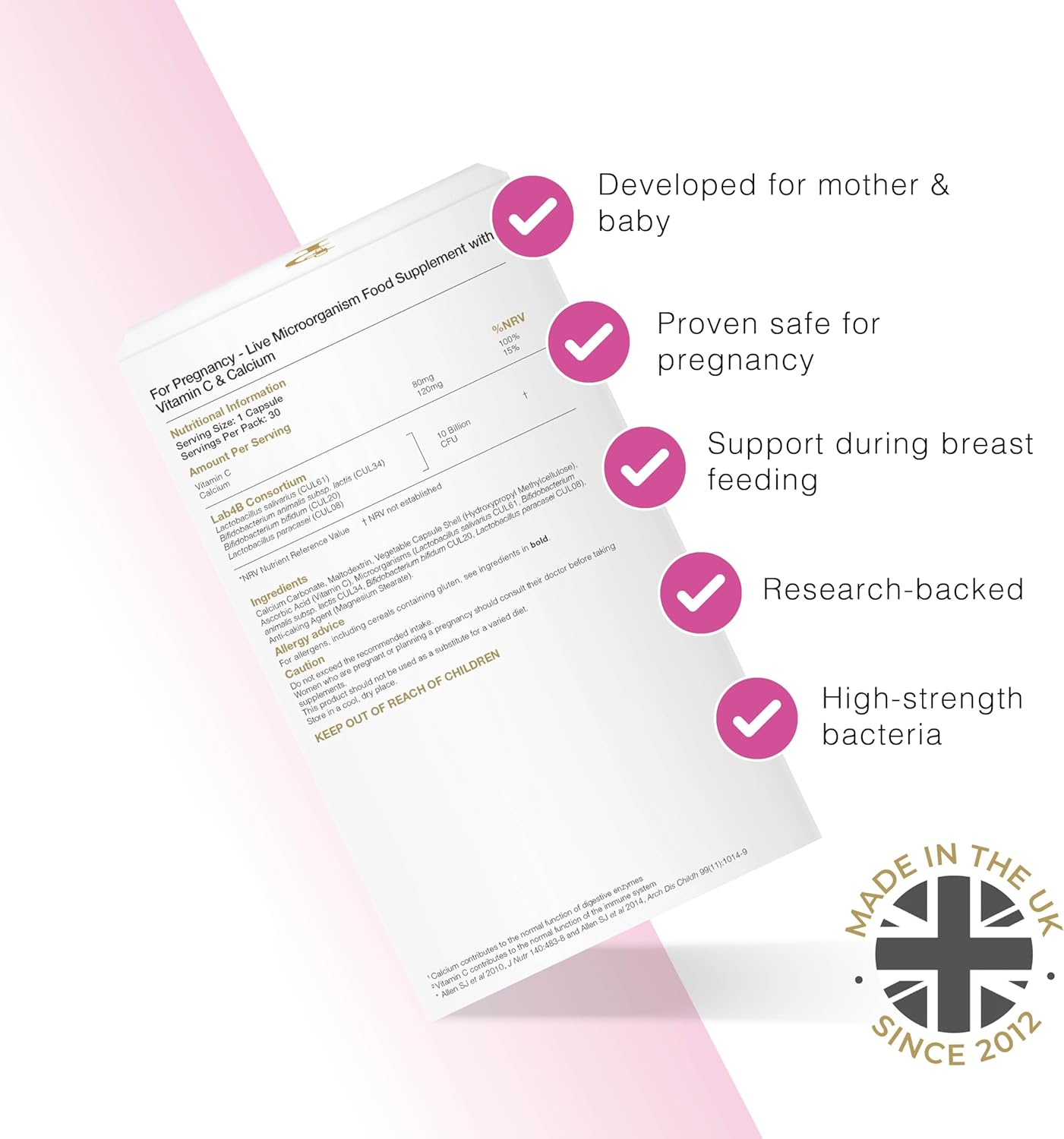 Supplement Facts & Ingredients Image: ProVen probiotics pregnancy ingredients label 30 capsules box