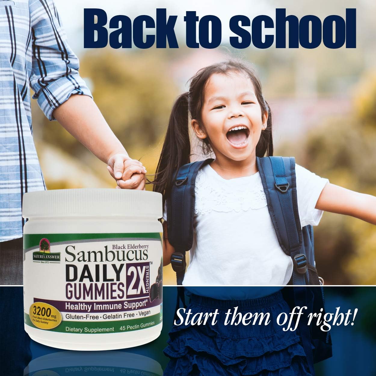 Child with backpack holding hands with adult, Sambucus Daily Gummies 2X supplement bottle displayed.