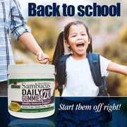 Child with backpack holding hands with adult, Sambucus Daily Gummies 2X supplement bottle displayed.
