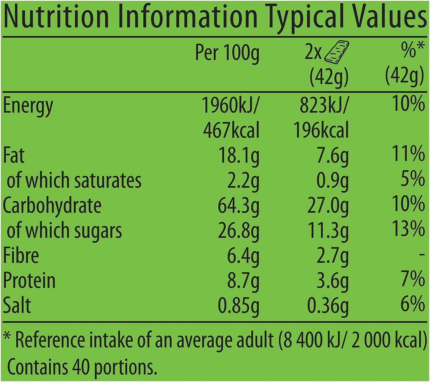 Nature Valley Crunchy Oats and Honey Cereal Bars ingredient and nutrition information 40 twin packs