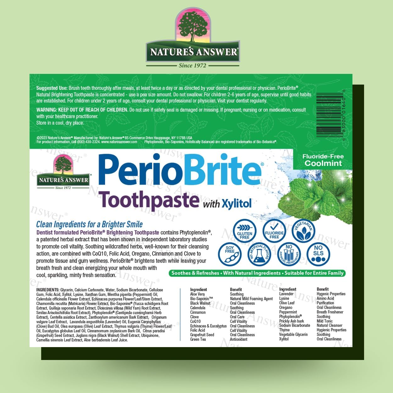 PerioBrite Toothpaste packaging with Natures Answer logo on a green background