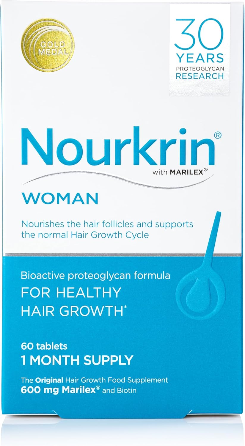 Nourkrin Woman Hair Support Supplement box, 60 tablets, on white background.