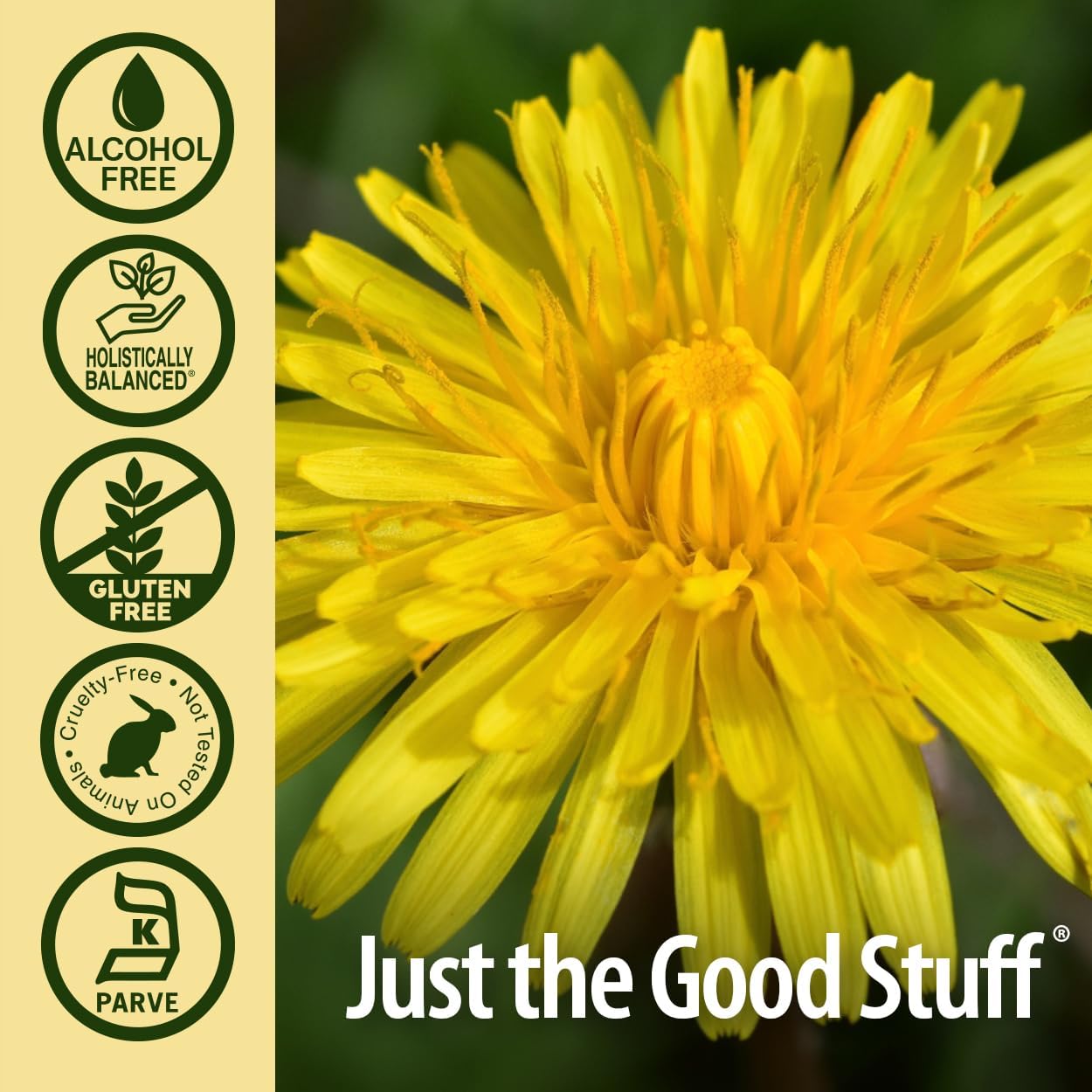 Close-up of a yellow flower with certification icons and 'Just the Good Stuff' branding on a beige background.