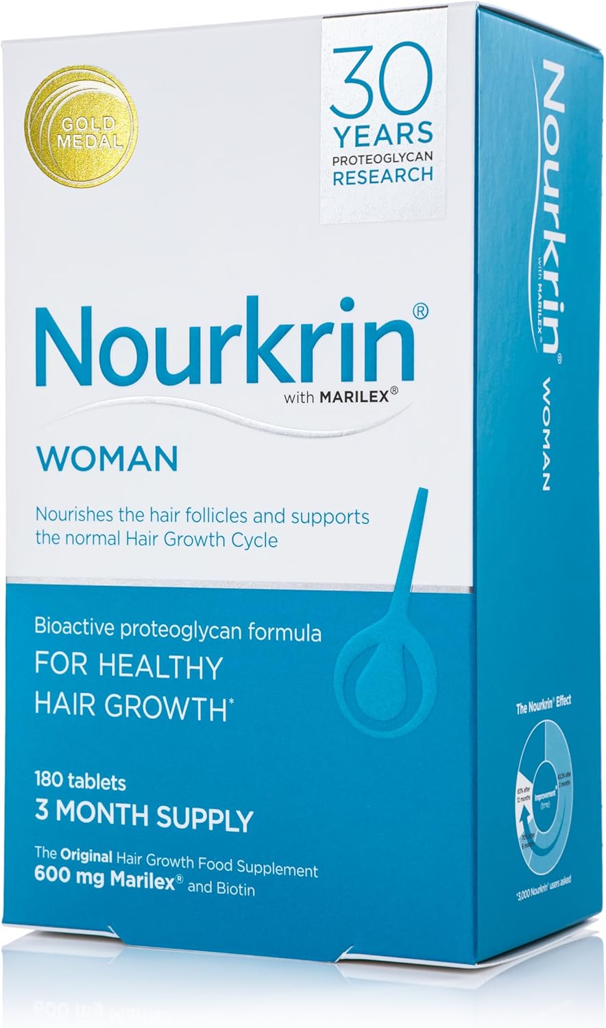Nourkrin Woman Hair Support Supplement box with 180 tablets on white background.