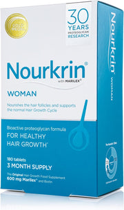 Nourkrin Woman Hair Support Supplement box with 180 tablets on white background.