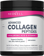 NeoCell Super Collagen Plus canister with Vitamin C and Hyaluronic Acid 195g, unflavored collagen powder supplement on white background.