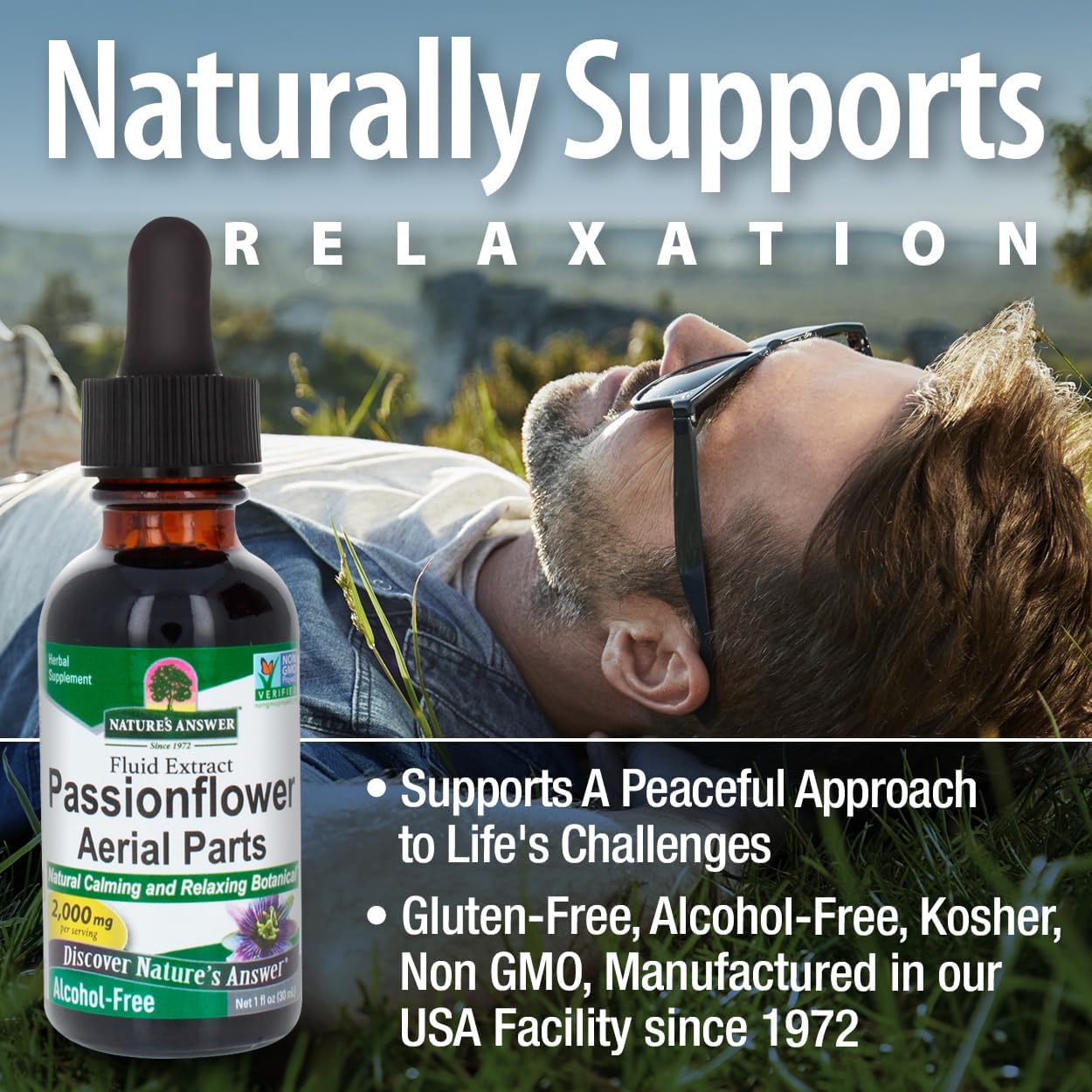 Bottle of Natures Answer Passionflower extract with a man relaxing in nature, text about product benefits.