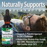 Bottle of Natures Answer Passionflower extract with a man relaxing in nature, text about product benefits.
