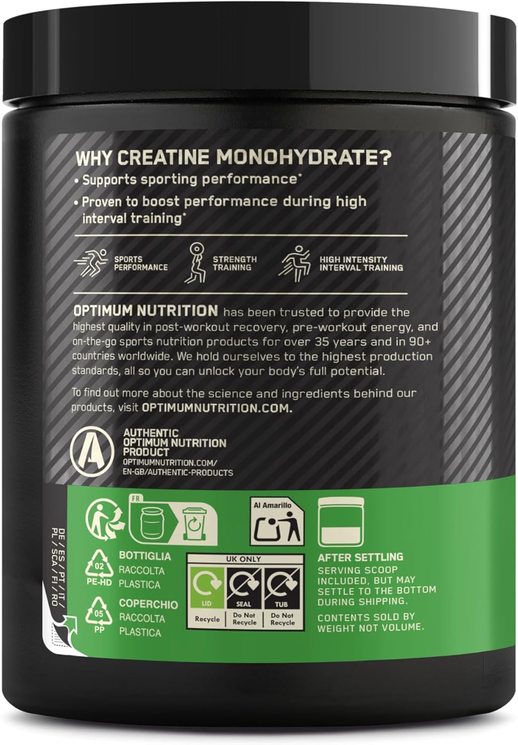 Back label of a supplement container with text and branding on a black and green background
