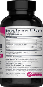 Supplement facts and directions for NeoCell collagen  tablets supplement.