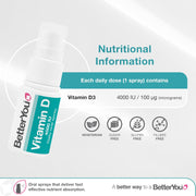 Nutritional information, ingredients and dosage instructions for BetterYou D3 Spray.