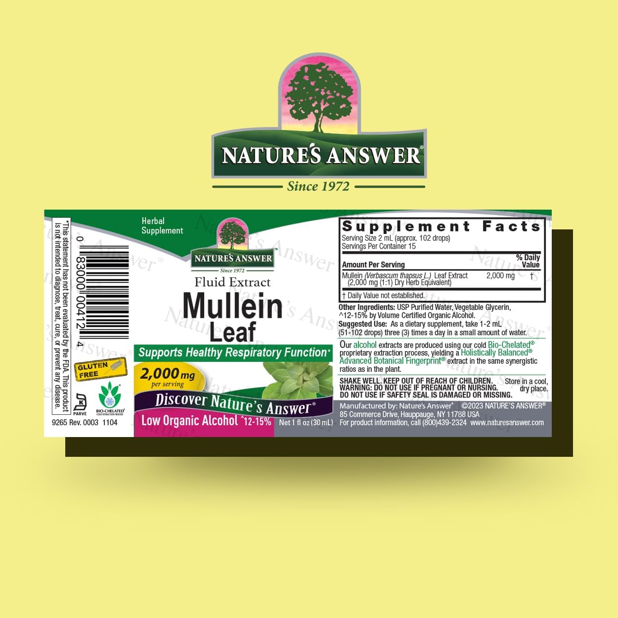 Natures Answer Mullein Leaf supplement label on a yellow background
