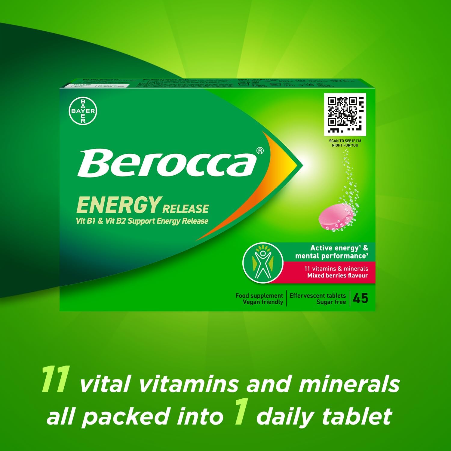 Berocca Vitamin C & B Complex Effervescent Tablets - Mixed Berries Flavour - 45 Count