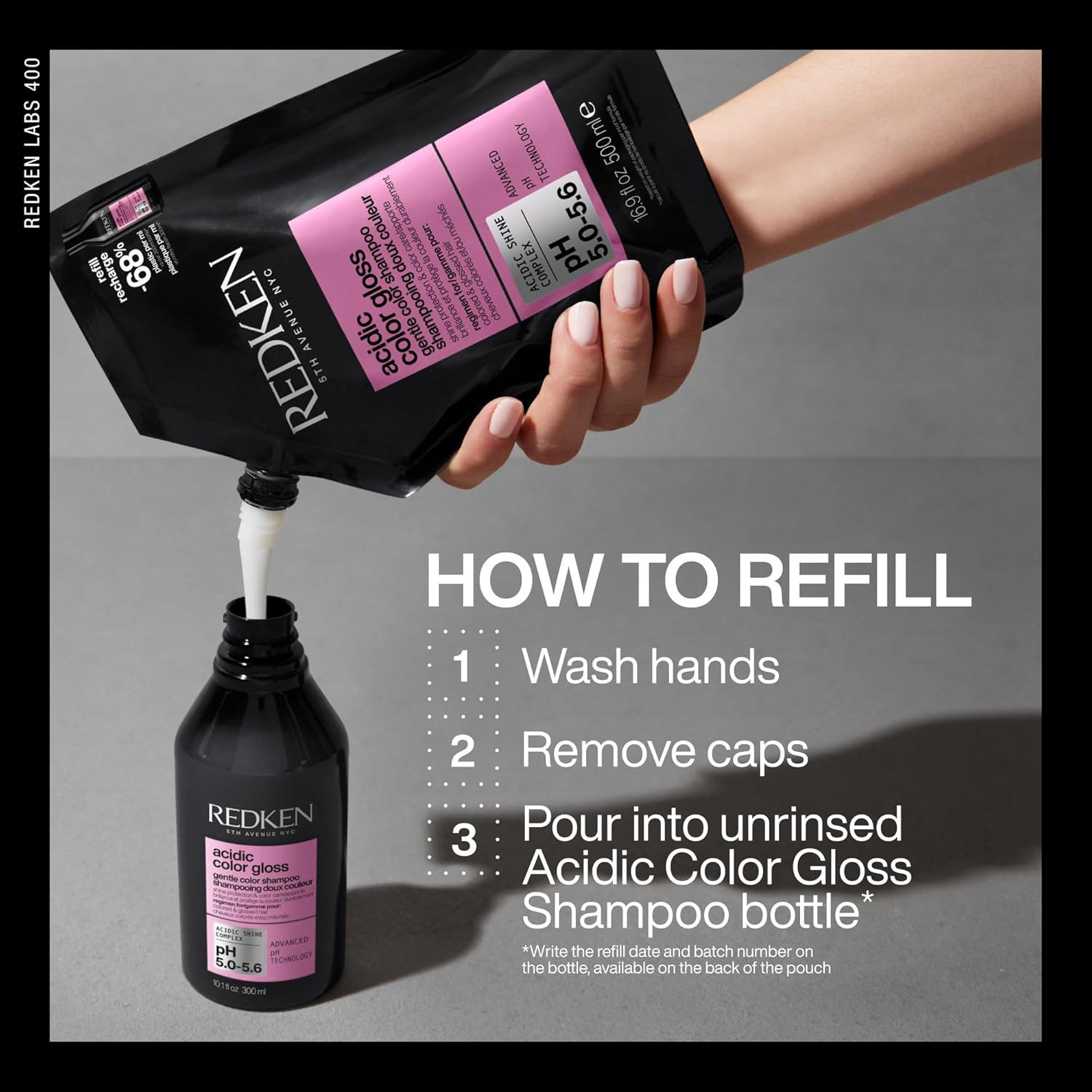 Redken Acidic Color Gloss Shampoo 500ml how to Refill Pouch on white background.