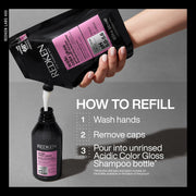 Redken Acidic Color Gloss Shampoo 500ml how to Refill Pouch on white background.