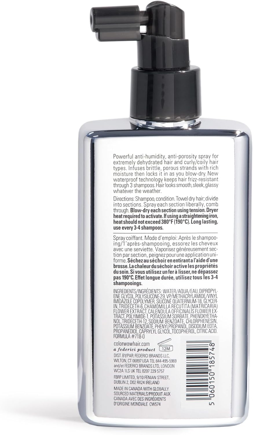 Back label of Color Wow Extra Strength Dream Coat showing directions, ingredients and barcode.