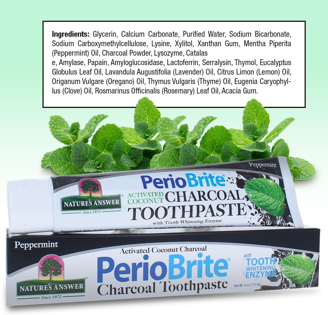PerioBrite Activated Coconut Charcoal Toothpaste with mint leaves on a light green background