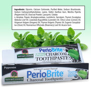 PerioBrite Activated Coconut Charcoal Toothpaste with mint leaves on a light green background