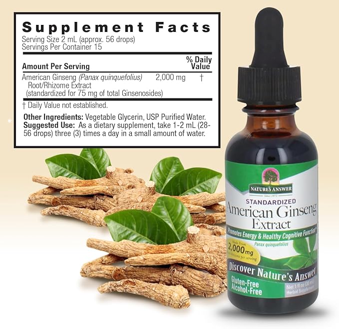 Bottle of American Ginseng Extract with supplement facts label and ginseng roots on a beige background