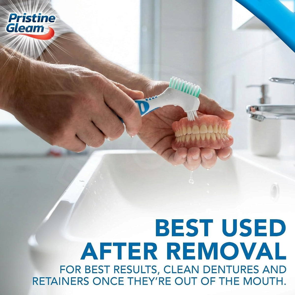Pristine Gleam Denture Cleaning Brush displayed for cleaning a removable dental appliance