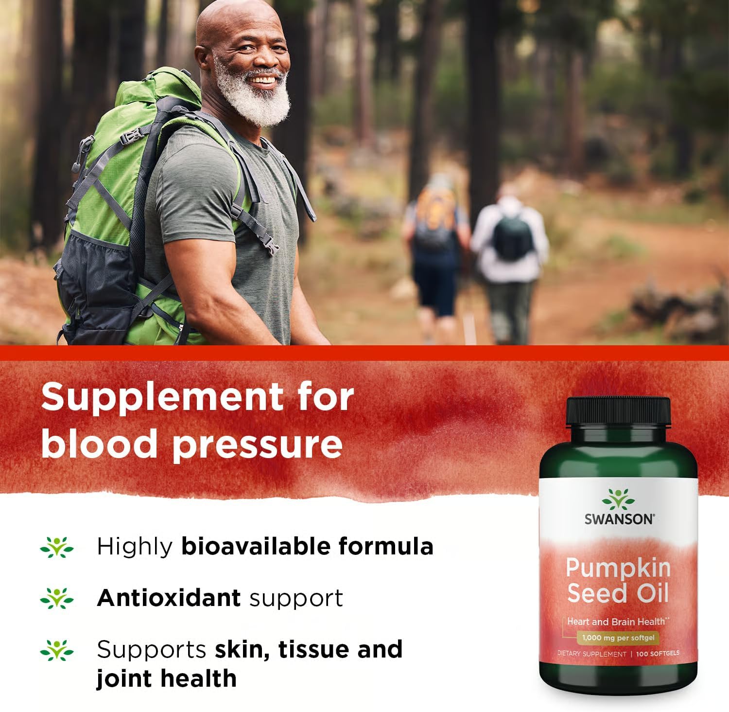 Man hiking with a backpack, supplement bottle labeled 'Swanson Pumpkin Seed Oil' on a forest background.