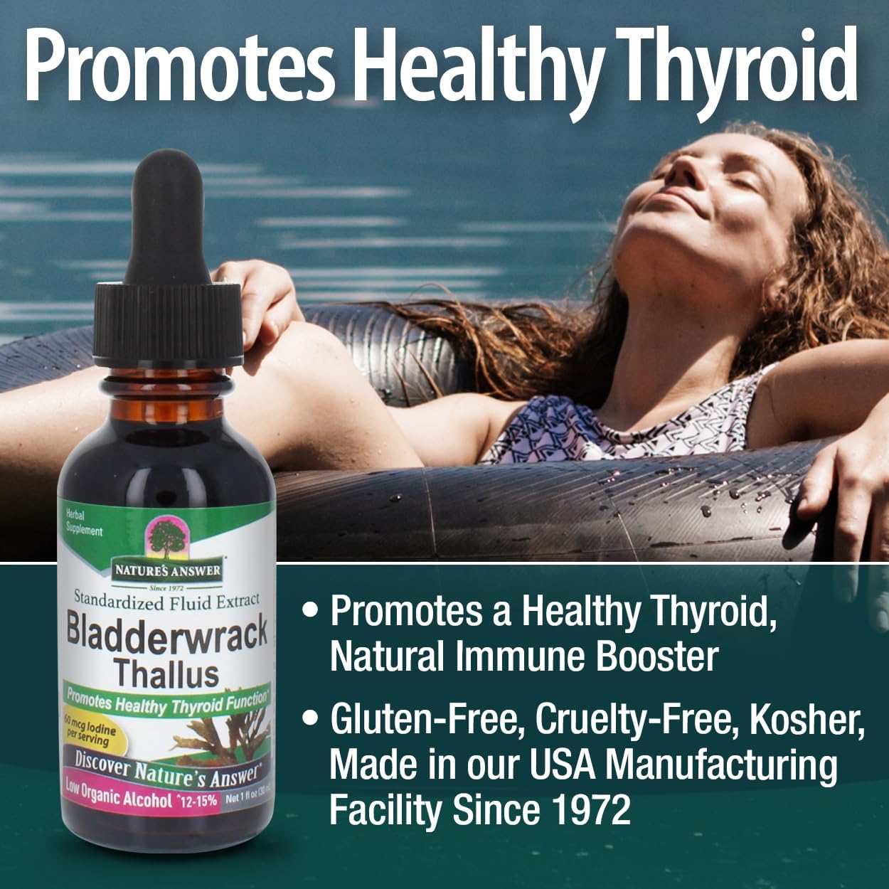 Bottle of Bladderwrack Thallus supplement with a woman relaxing by water, promoting healthy thyroid.