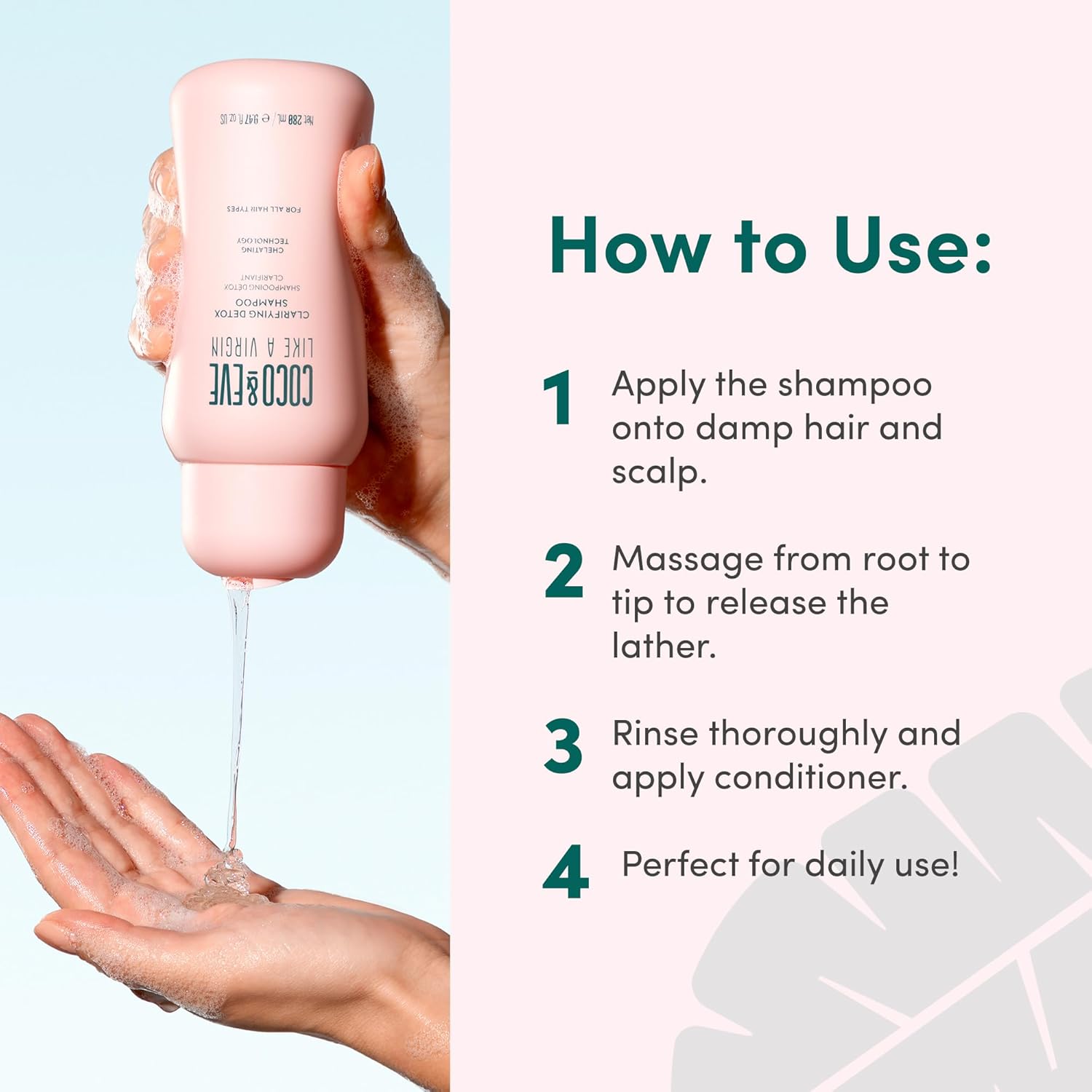 How to Use: Demonstrating the lather of Coco & Eve clarifying shampoo in hair.