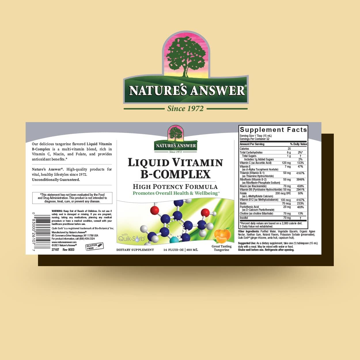 Natures Answer Liquid Vitamin B-Complex supplement label on a beige background