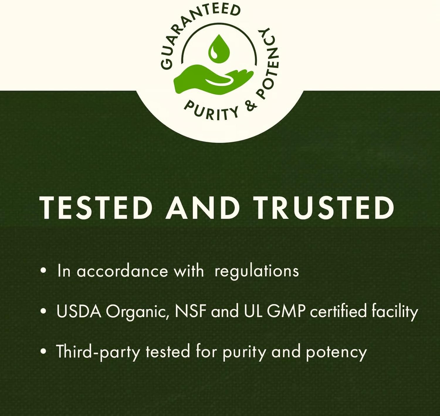 Certification badge for purity and potency with text on a green background