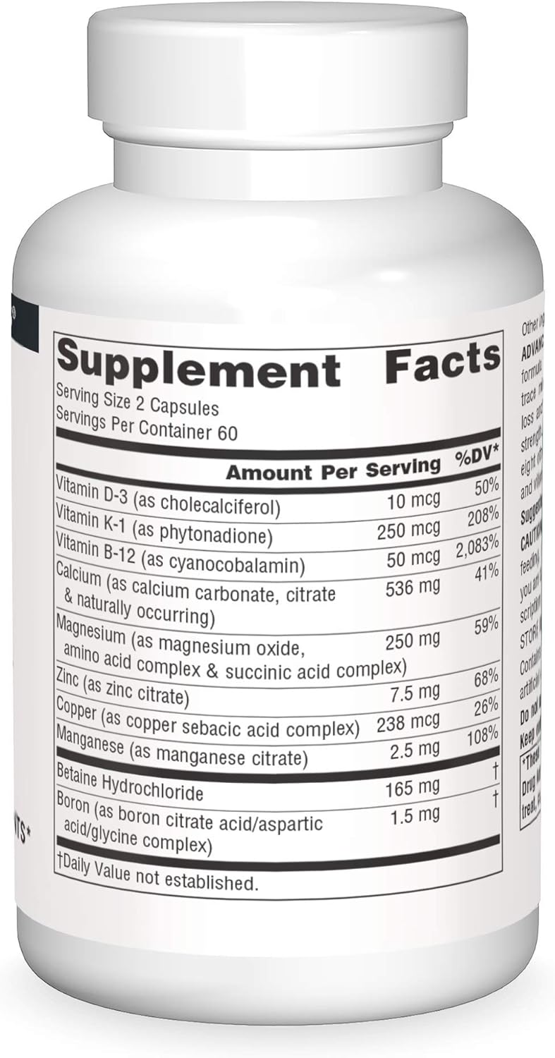 Supplement facts & ingredients image: Source Naturals Advanced Triple Boron with Calcium capsules ingredient panel 120 count